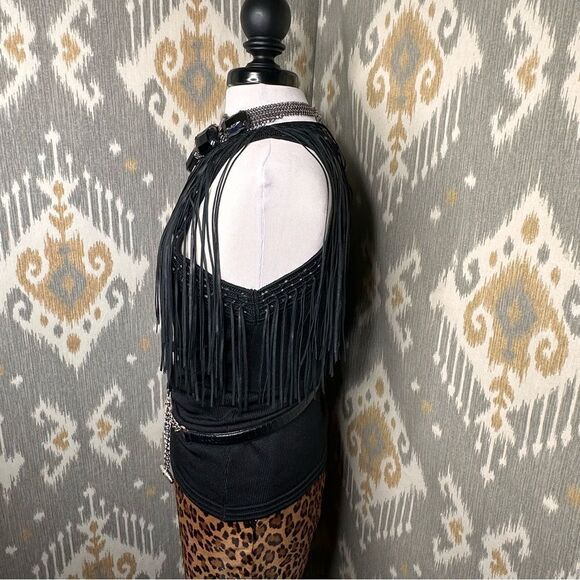 Ralph Lauren Black Label Jet Black Leather Fringe Tank Top - Picture 14 of 16